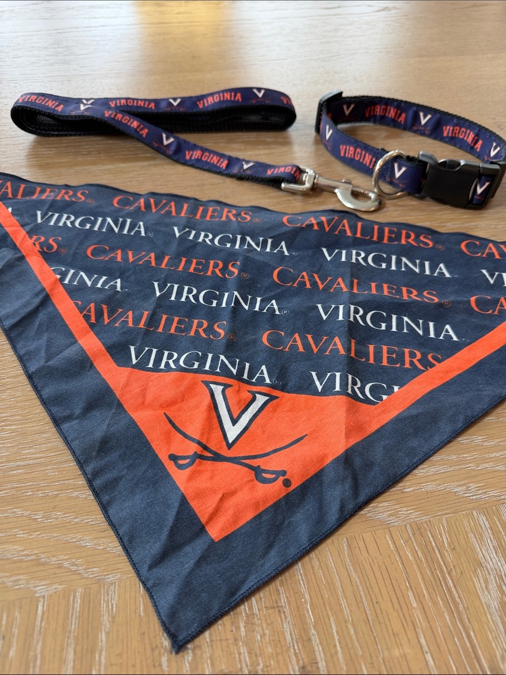UVA Virginia Cavaliers HOOS Dog 6ft Leash Collar and Bandana Set Ribbon V Preppy
